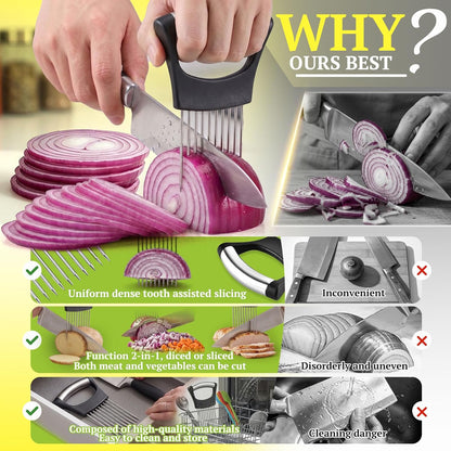 Onion Holder for Slicing, 304 Stainless Steel | 10 Long Needles, Vegetable Chopper, Food Slicing Guide, Multi-Purpose Cutter for Tomato Potato