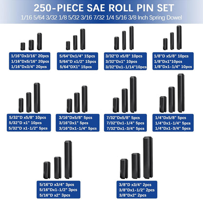 SAE Roll Pin Set, Roll pin Assortment, Slotted Spring Pins