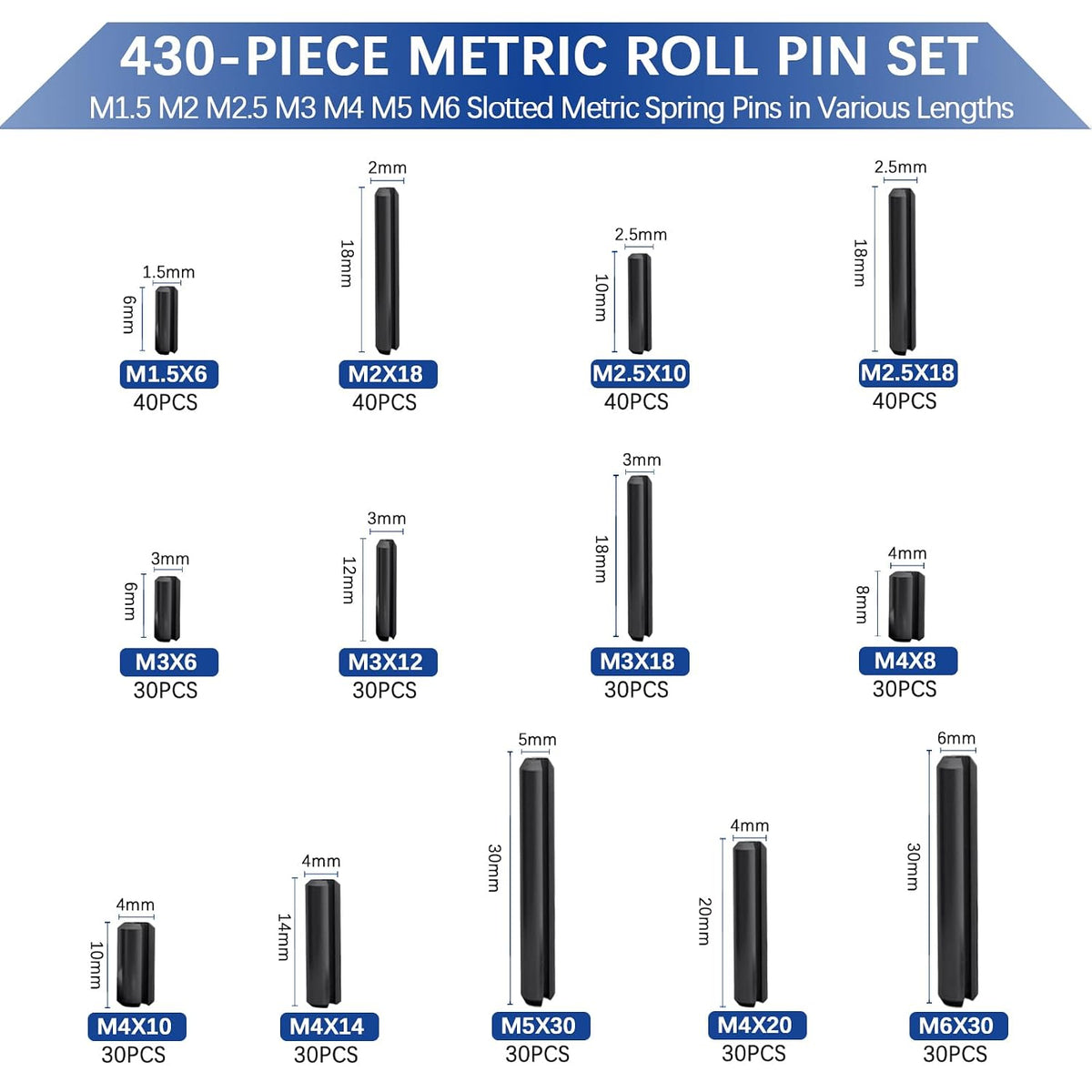 SAE Roll Pin Set, Roll pin Assortment, Slotted Spring Pins