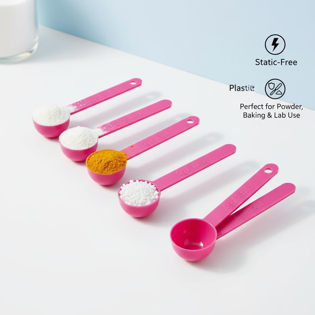 5g Plastic Measuring Spoons (10ml) – Pack of 5 mini Scoops for Protein Poweder, Creatine, Coffee, Lab, Baking, Laundry, Canisters, Dry Goods – 1 Teaspoon Measuring Spoons (tsp), Pink