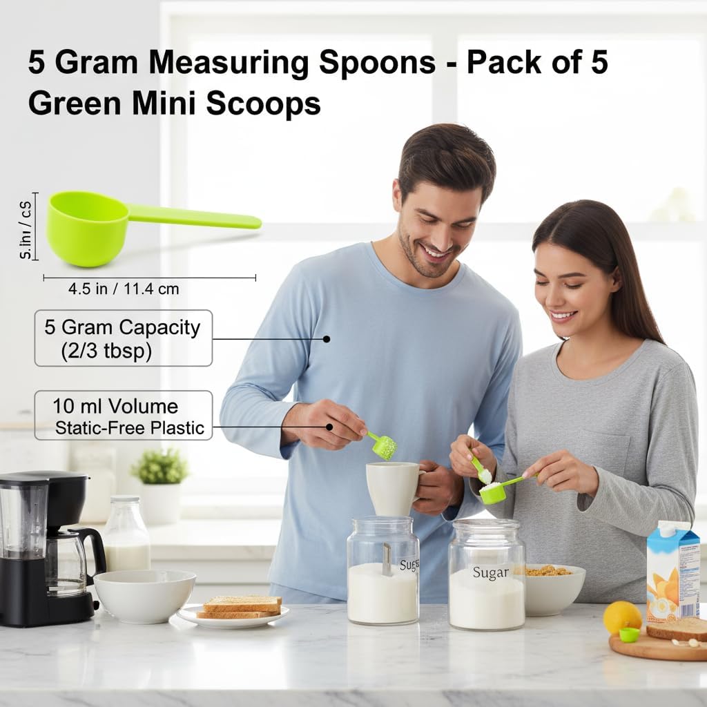 5g Plastic Measuring Spoons (10ml) – Pack of 5 mini Scoops for Protein Poweder, Creatine, Coffee, Lab, Baking, Laundry, Canisters, Dry Goods – 1 Teaspoon Measuring Spoons (tsp), Pink