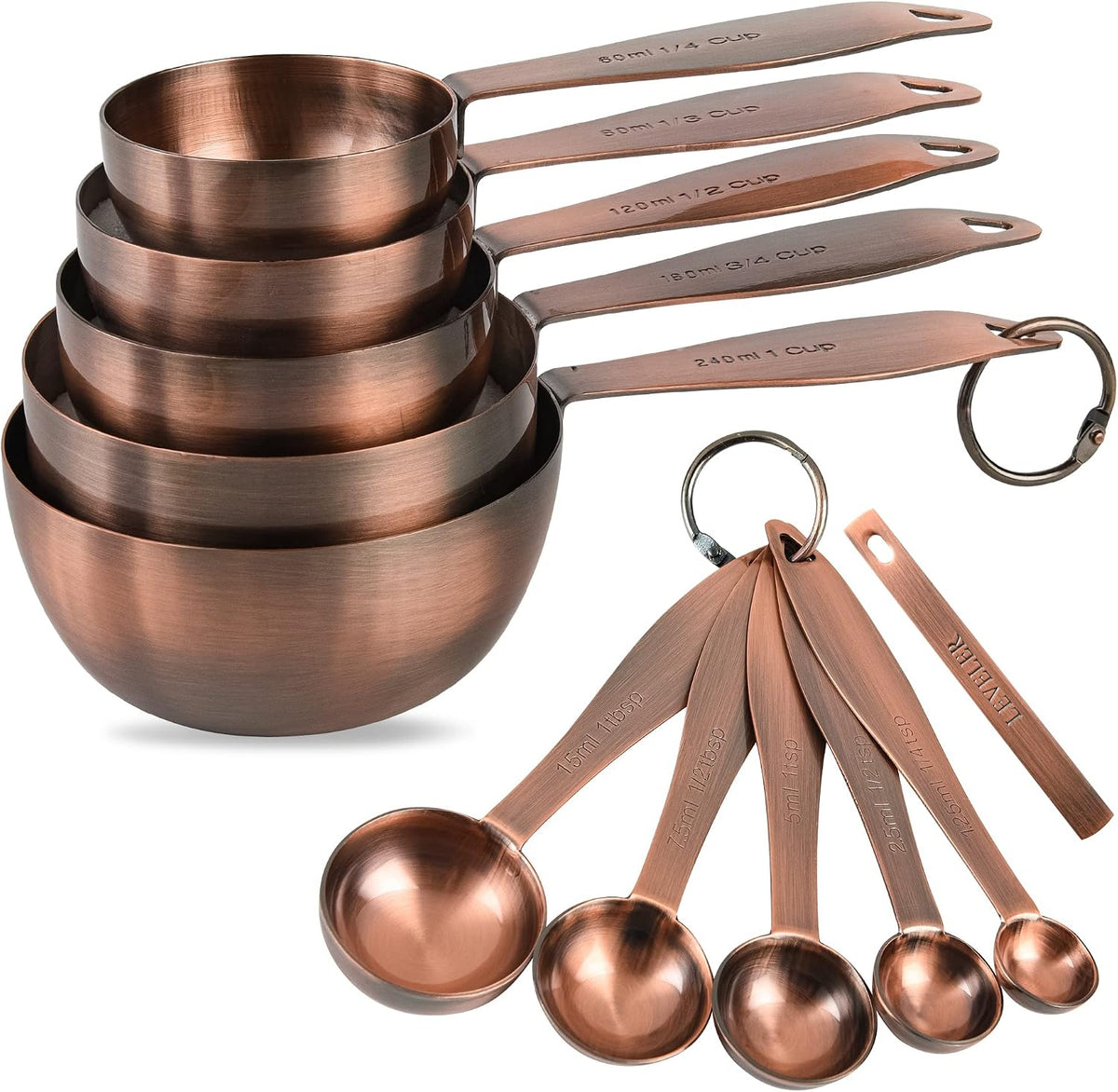 Copper measuring cups and spoons set,Includes Stainless Steel 5 Measuring Cups and 5 Measuring Spoons and Measure Ingredient Leveler and Rings（copper）