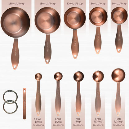 Copper measuring cups and spoons set,Includes Stainless Steel 5 Measuring Cups and 5 Measuring Spoons and Measure Ingredient Leveler and Rings（copper）