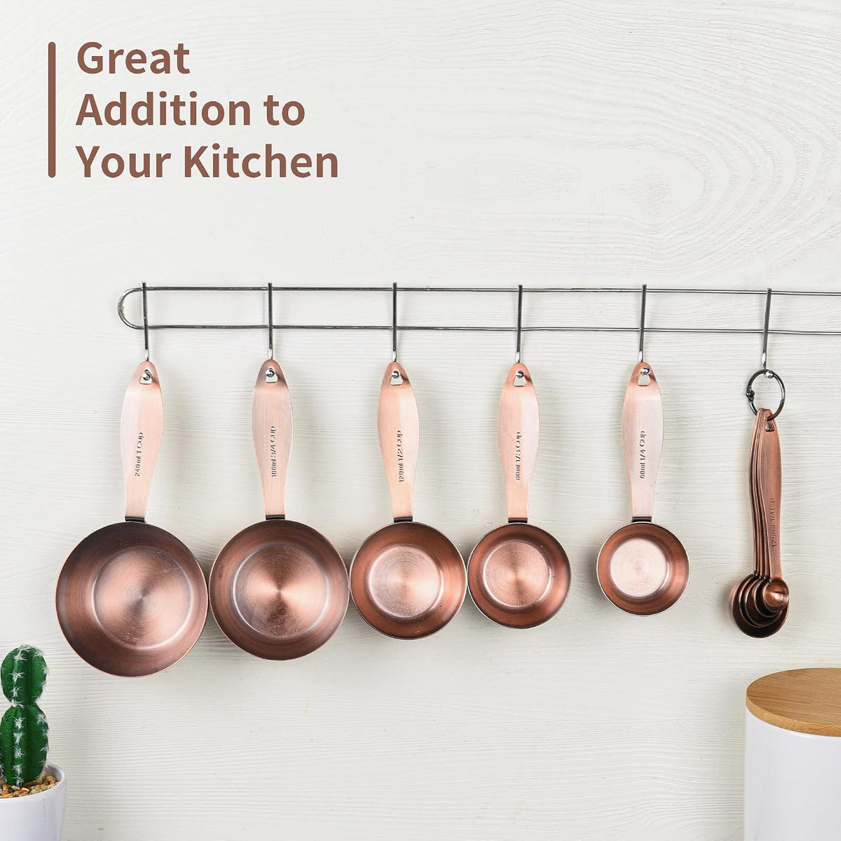 Copper measuring cups and spoons set,Includes Stainless Steel 5 Measuring Cups and 5 Measuring Spoons and Measure Ingredient Leveler and Rings（copper）