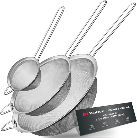 Fine Mesh Strainer Set of 3, Stainless Steel Wire Strainers for Kitchen, Multipurpose Metal Fine Sieve with Handle, Perfect for Food, Rice, Quinoa, 2.7", 4.6", 7"