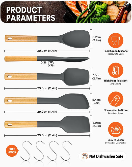 Silicone Spatula Spoon Set for Nonstick Cookwares, 4 Pack, Grey
