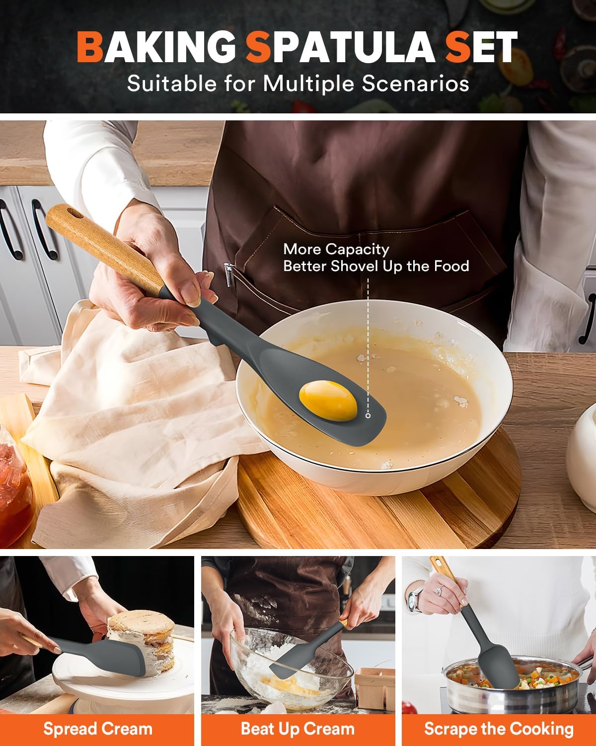 Silicone Spatula Spoon Set for Nonstick Cookwares, 4 Pack, Grey
