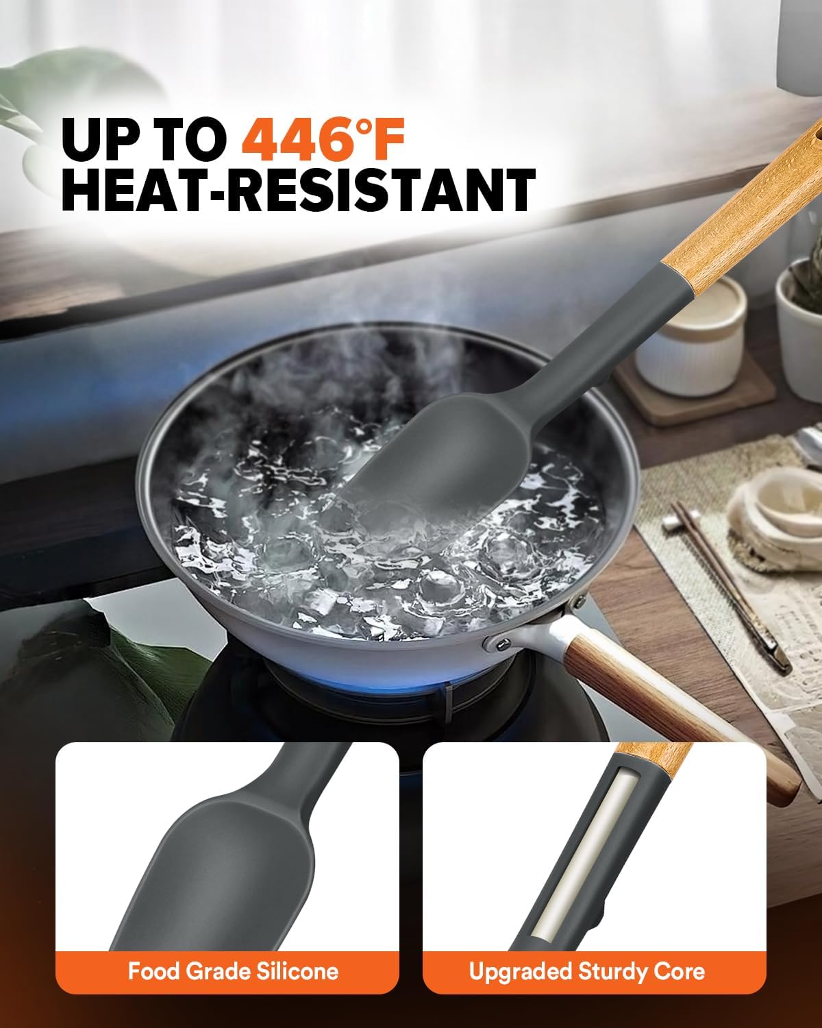 Silicone Spatula Spoon Set for Nonstick Cookwares, 4 Pack, Grey