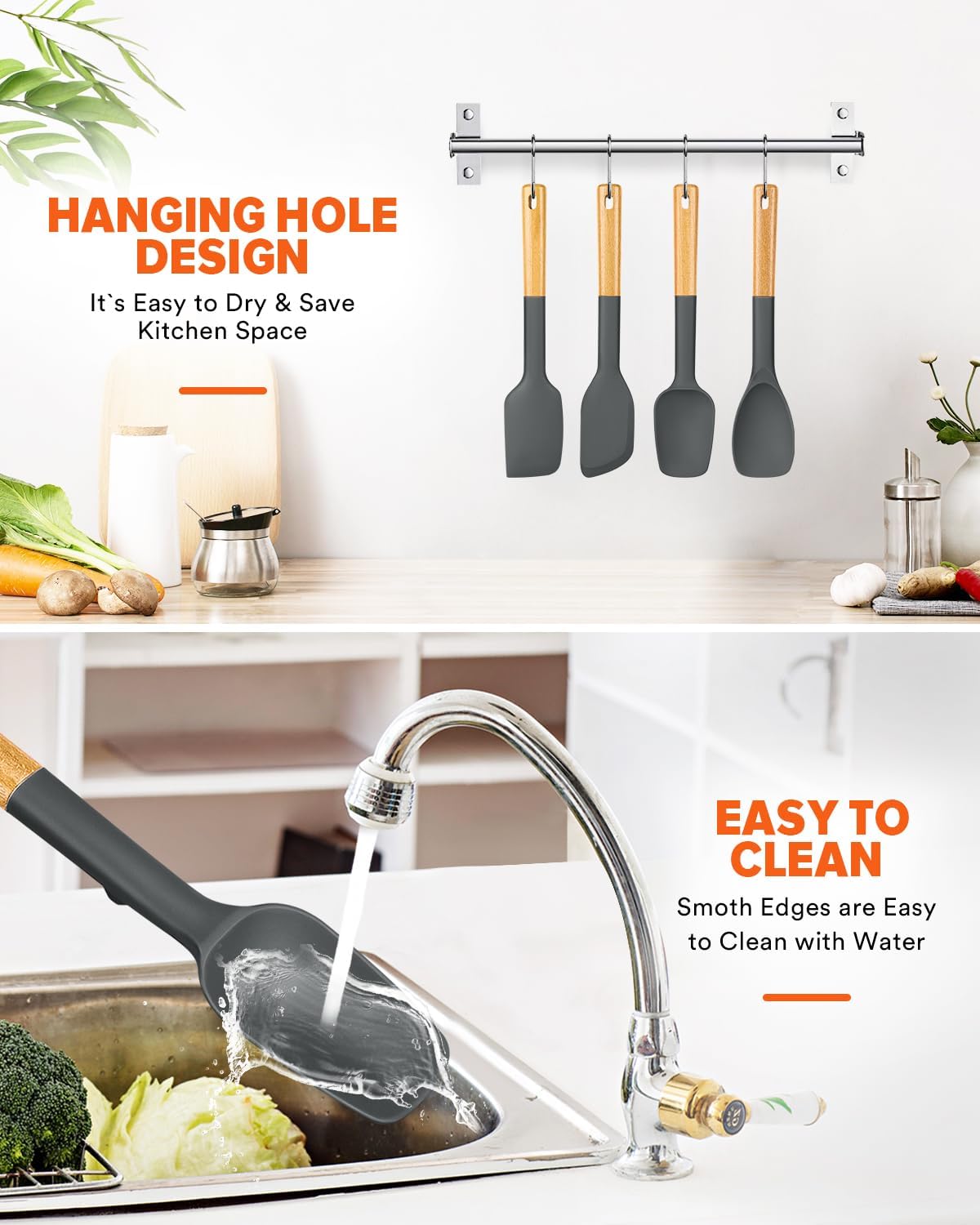 Silicone Spatula Spoon Set for Nonstick Cookwares, 4 Pack, Grey