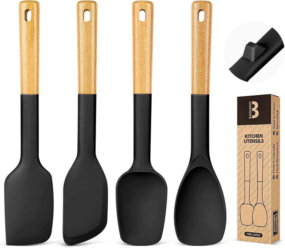 Silicone Spatula Spoon Set for Nonstick Cookwares, 4 Pack, Grey