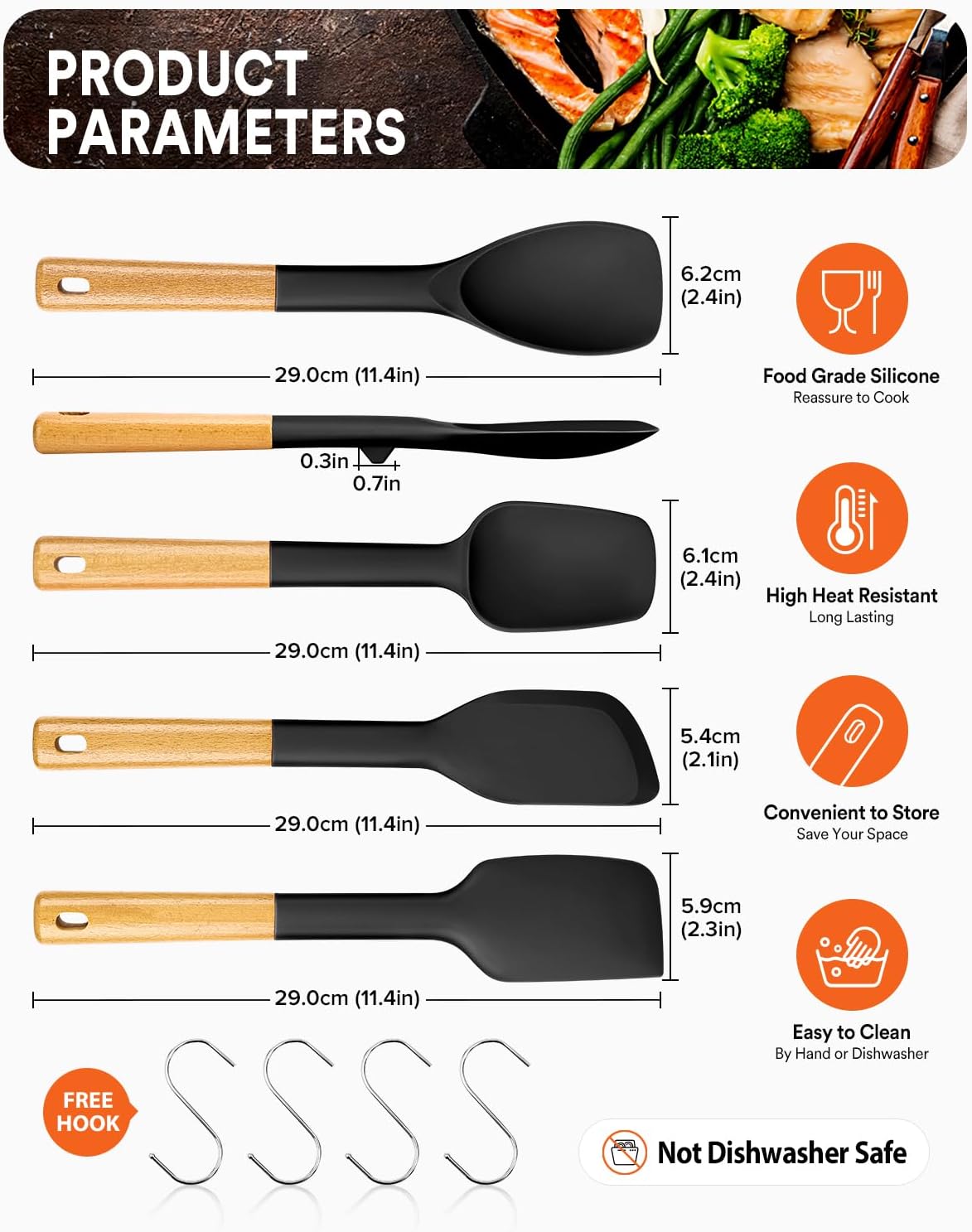 Silicone Spatula Spoon Set for Nonstick Cookwares, 4 Pack, Grey