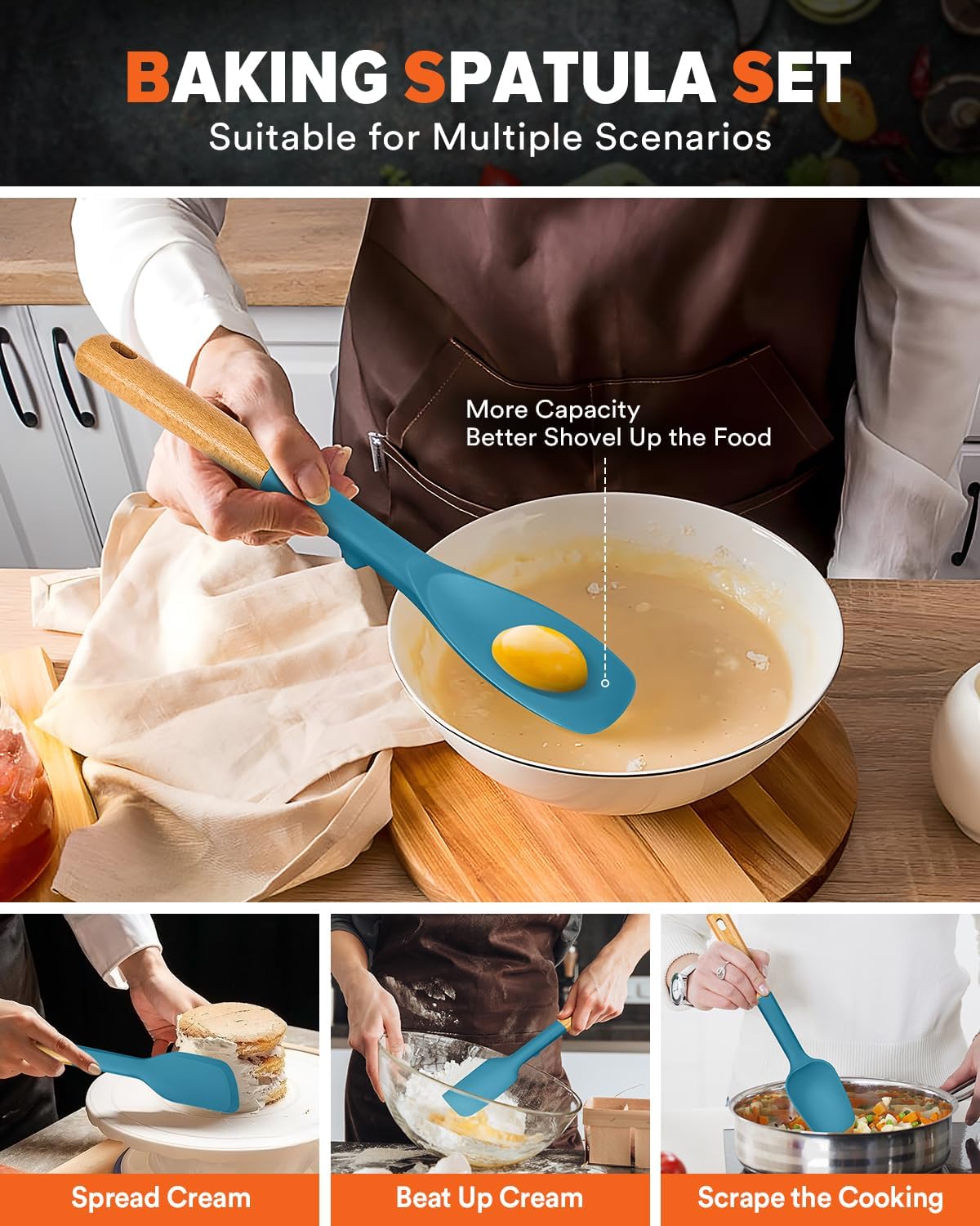 Silicone Spatula Spoon Set for Nonstick Cookwares, 4 Pack, Grey