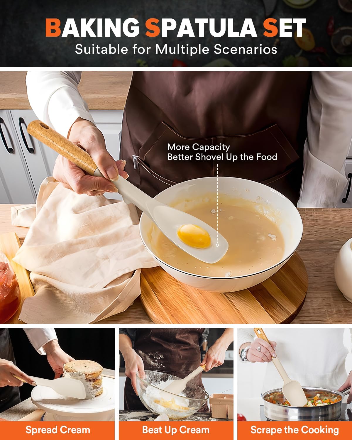 Silicone Spatula Spoon Set for Nonstick Cookwares, 4 Pack, Grey