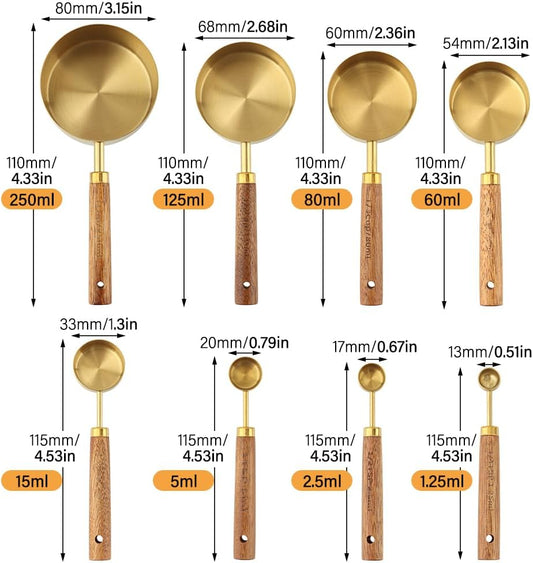 Gold Measuring Cups and Spoons Set of 8, Stackable Stainless Steel Measuring Spoons and Measuring Cup Set with Wood Handles, Dry & Liquid Measuring Cups for Cooking & Baking