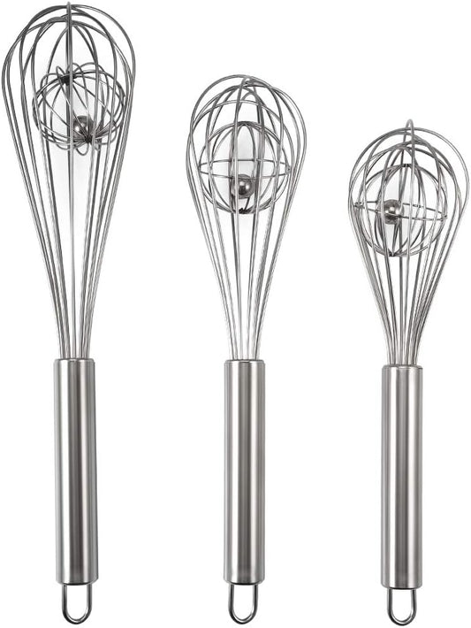 3 Pack 8, 10, 12 inches Balloon Whisk Double Balloon Wire Whisk Blending Whisking Beating Stirring Egg Beater Stainless Steel (with inside Ball)