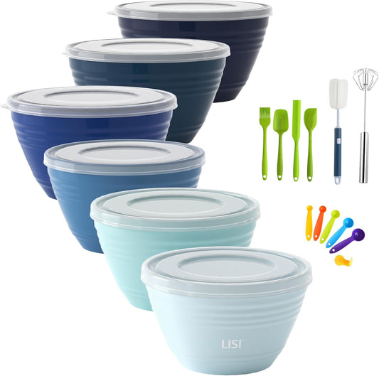 LISI 23Pcs Mixing Bowls Set with Lids, Airtight BPA-Free Nesting Bowls for Mixing, Baking, Cooking & Storage, Dishwasher Safe Serving Bowl, Includes Spatula, Spoons, Brush & Whisk