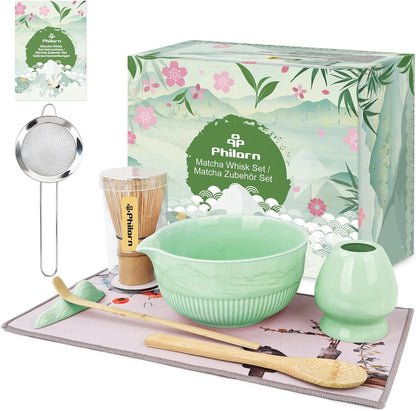 Matcha Whisk Set, 9Pcs Ceramic Macha Kit, Matcha Set Whisk and Bowl with Spout, Whisks, Holder, Bamboo Scoop, Scoop Rest, Sifter and Tea Towel for Macha Lover (Cyan)
