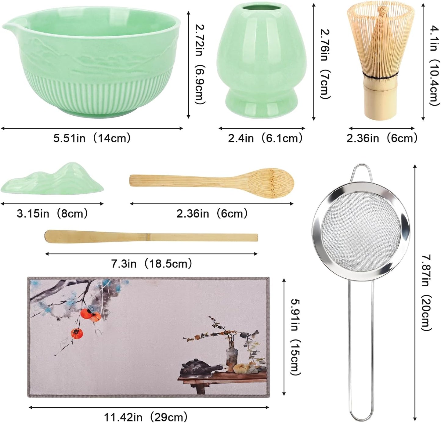 Matcha Whisk Set, 9Pcs Ceramic Macha Kit, Matcha Set Whisk and Bowl with Spout, Whisks, Holder, Bamboo Scoop, Scoop Rest, Sifter and Tea Towel for Macha Lover (Cyan)
