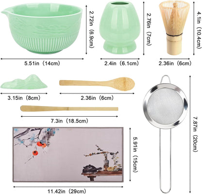 Matcha Whisk Set, 9Pcs Ceramic Macha Kit, Matcha Set Whisk and Bowl with Spout, Whisks, Holder, Bamboo Scoop, Scoop Rest, Sifter and Tea Towel for Macha Lover (Cyan)