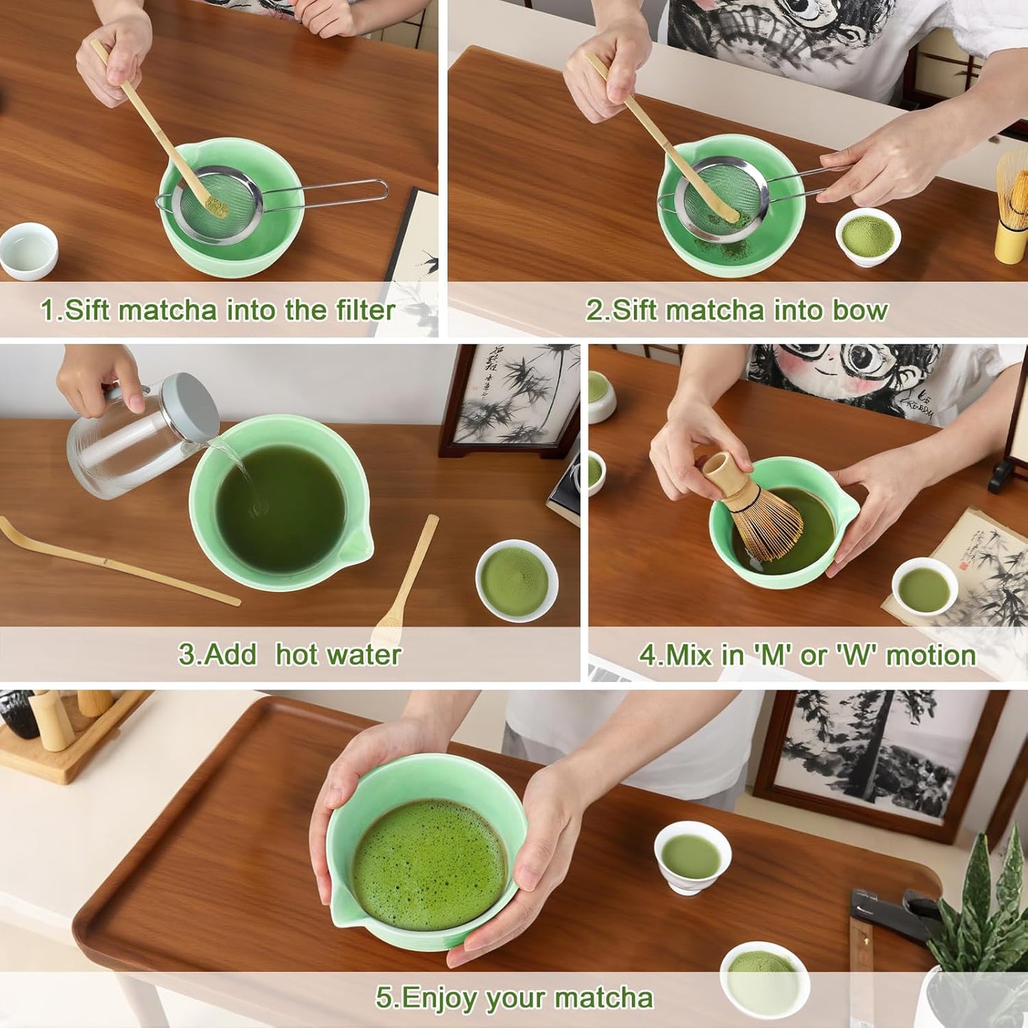 Matcha Whisk Set, 9Pcs Ceramic Macha Kit, Matcha Set Whisk and Bowl with Spout, Whisks, Holder, Bamboo Scoop, Scoop Rest, Sifter and Tea Towel for Macha Lover (Cyan)