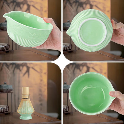 Matcha Whisk Set, 9Pcs Ceramic Macha Kit, Matcha Set Whisk and Bowl with Spout, Whisks, Holder, Bamboo Scoop, Scoop Rest, Sifter and Tea Towel for Macha Lover (Cyan)
