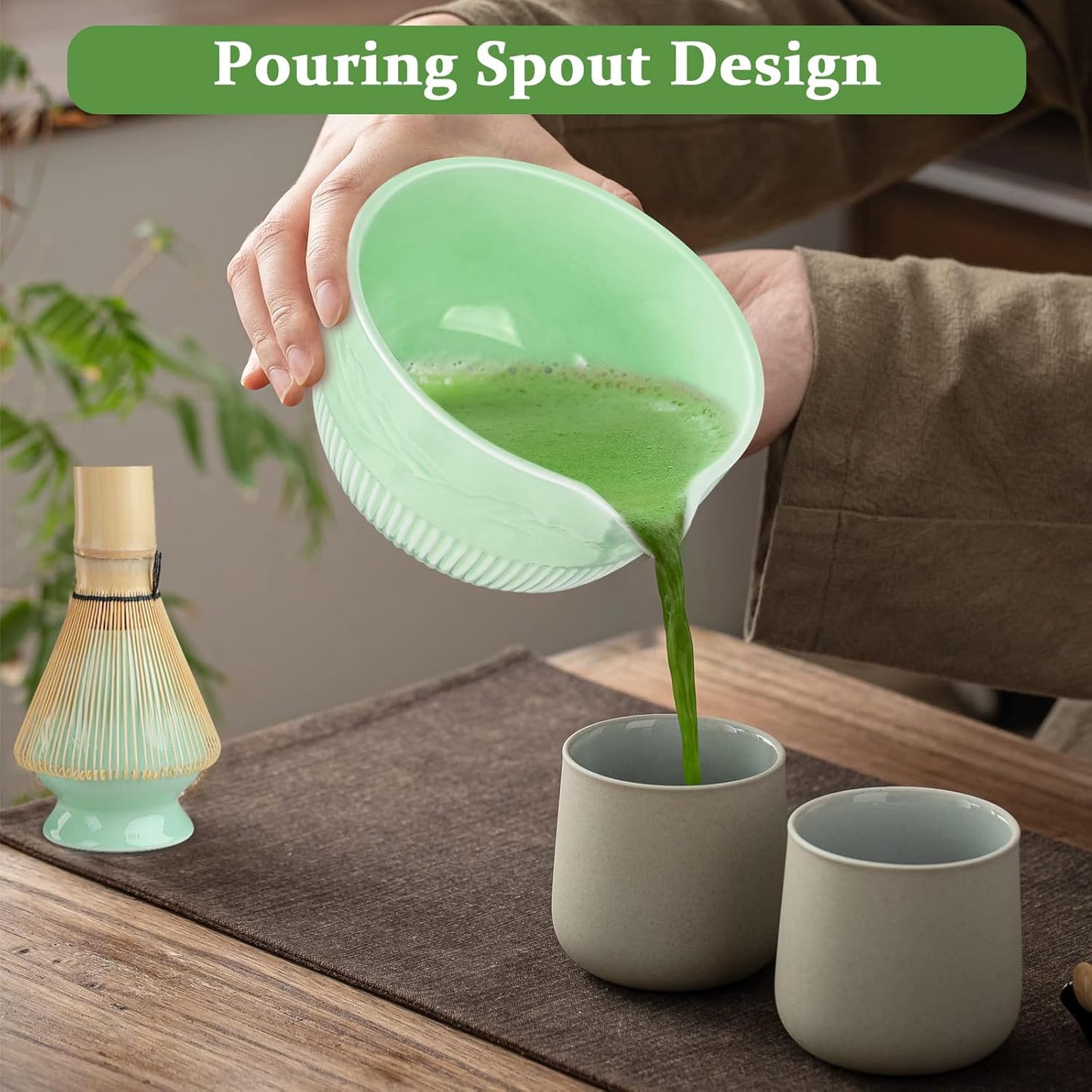 Matcha Whisk Set, 9Pcs Ceramic Macha Kit, Matcha Set Whisk and Bowl with Spout, Whisks, Holder, Bamboo Scoop, Scoop Rest, Sifter and Tea Towel for Macha Lover (Cyan)