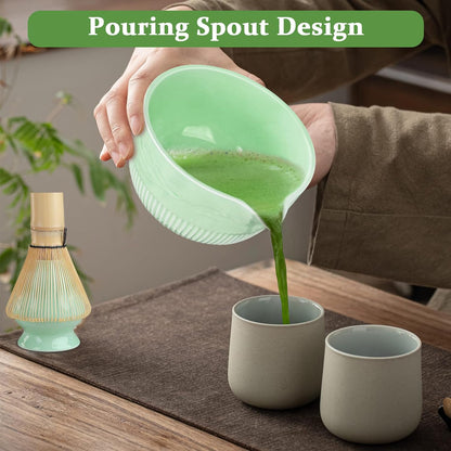 Matcha Whisk Set, 9Pcs Ceramic Macha Kit, Matcha Set Whisk and Bowl with Spout, Whisks, Holder, Bamboo Scoop, Scoop Rest, Sifter and Tea Towel for Macha Lover (Cyan)