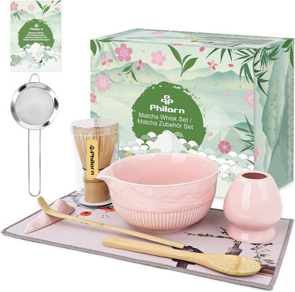 Matcha Whisk Set, 9Pcs Ceramic Macha Kit, Matcha Set Whisk and Bowl with Spout, Whisks, Holder, Bamboo Scoop, Scoop Rest, Sifter and Tea Towel for Macha Lover (Cyan)