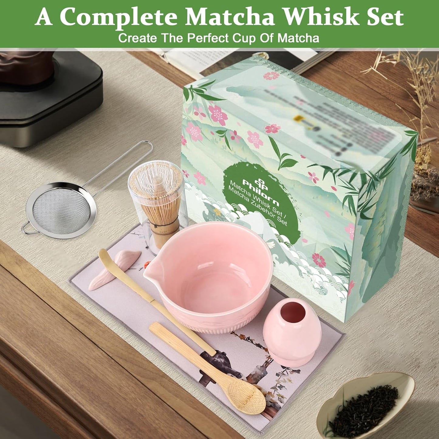 Matcha Whisk Set, 9Pcs Ceramic Macha Kit, Matcha Set Whisk and Bowl with Spout, Whisks, Holder, Bamboo Scoop, Scoop Rest, Sifter and Tea Towel for Macha Lover (Cyan)