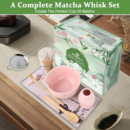 Matcha Whisk Set, 9Pcs Ceramic Macha Kit, Matcha Set Whisk and Bowl with Spout, Whisks, Holder, Bamboo Scoop, Scoop Rest, Sifter and Tea Towel for Macha Lover (Cyan)