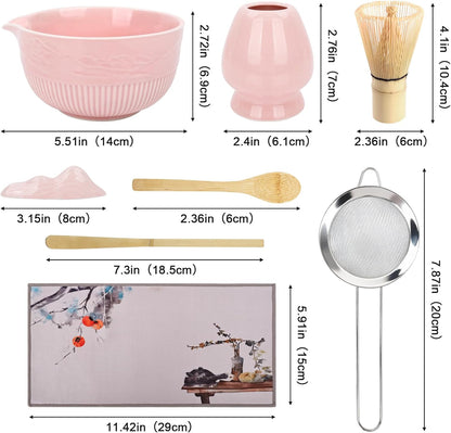 Matcha Whisk Set, 9Pcs Ceramic Macha Kit, Matcha Set Whisk and Bowl with Spout, Whisks, Holder, Bamboo Scoop, Scoop Rest, Sifter and Tea Towel for Macha Lover (Cyan)
