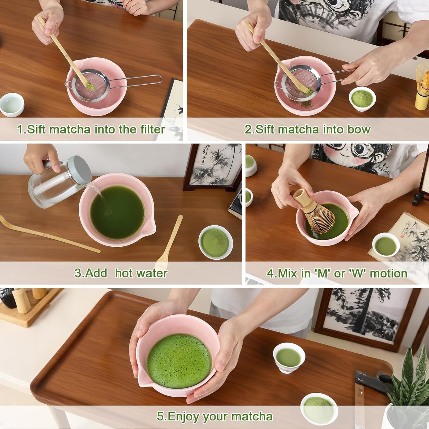 Matcha Whisk Set, 9Pcs Ceramic Macha Kit, Matcha Set Whisk and Bowl with Spout, Whisks, Holder, Bamboo Scoop, Scoop Rest, Sifter and Tea Towel for Macha Lover (Cyan)