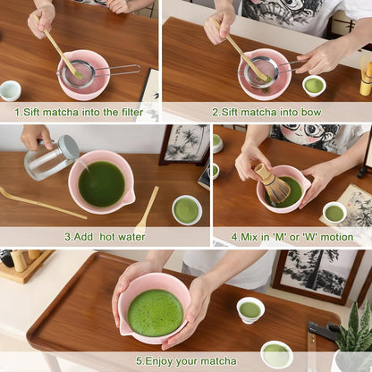 Matcha Whisk Set, 9Pcs Ceramic Macha Kit, Matcha Set Whisk and Bowl with Spout, Whisks, Holder, Bamboo Scoop, Scoop Rest, Sifter and Tea Towel for Macha Lover (Cyan)