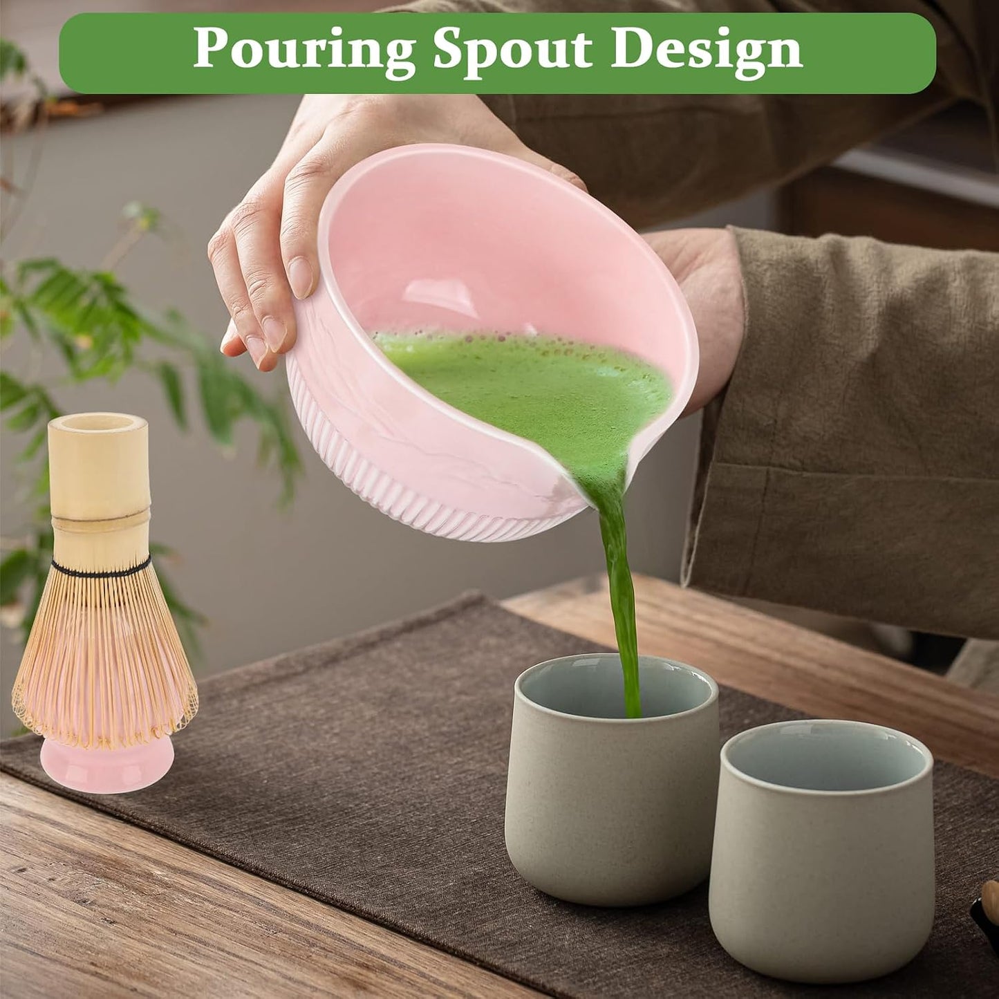 Matcha Whisk Set, 9Pcs Ceramic Macha Kit, Matcha Set Whisk and Bowl with Spout, Whisks, Holder, Bamboo Scoop, Scoop Rest, Sifter and Tea Towel for Macha Lover (Cyan)