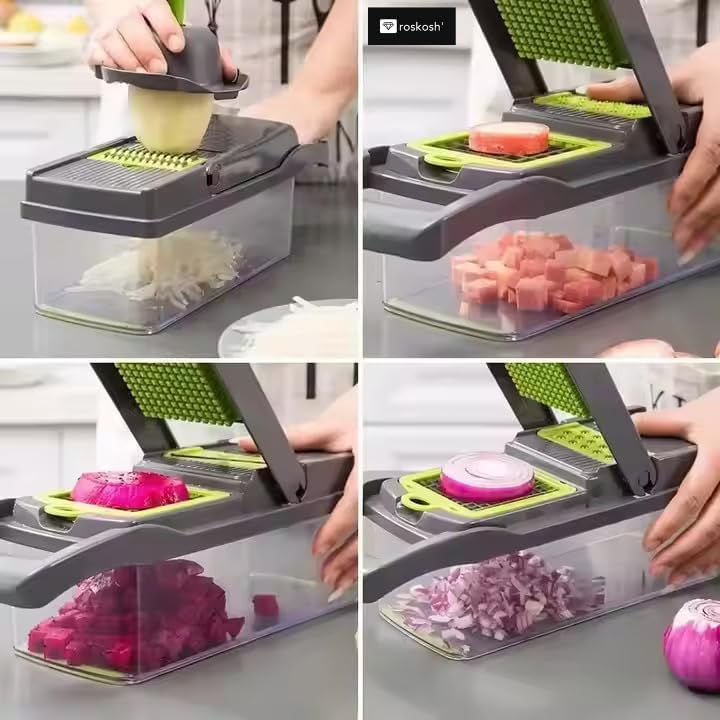 16-in-1 Vegetable Chopper Mandoline Slicer Set - Onion Dicer, Cheese Grater, Veggie Chopper with Container, 7 Stainless Steel Blades + Free Egg Yolk Separator - Kitchen Essential
