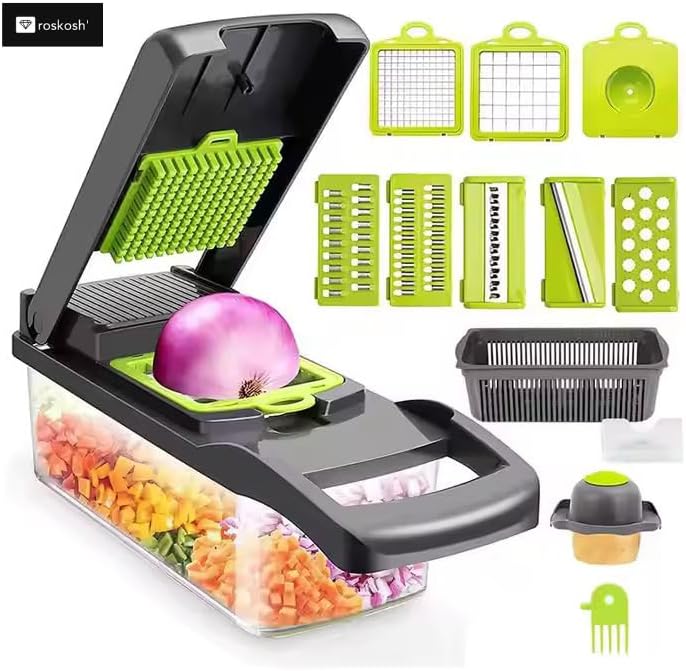 16-in-1 Vegetable Chopper Mandoline Slicer Set - Onion Dicer, Cheese Grater, Veggie Chopper with Container, 7 Stainless Steel Blades + Free Egg Yolk Separator - Kitchen Essential