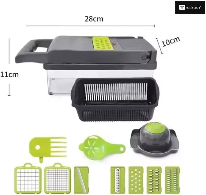 16-in-1 Vegetable Chopper Mandoline Slicer Set - Onion Dicer, Cheese Grater, Veggie Chopper with Container, 7 Stainless Steel Blades + Free Egg Yolk Separator - Kitchen Essential
