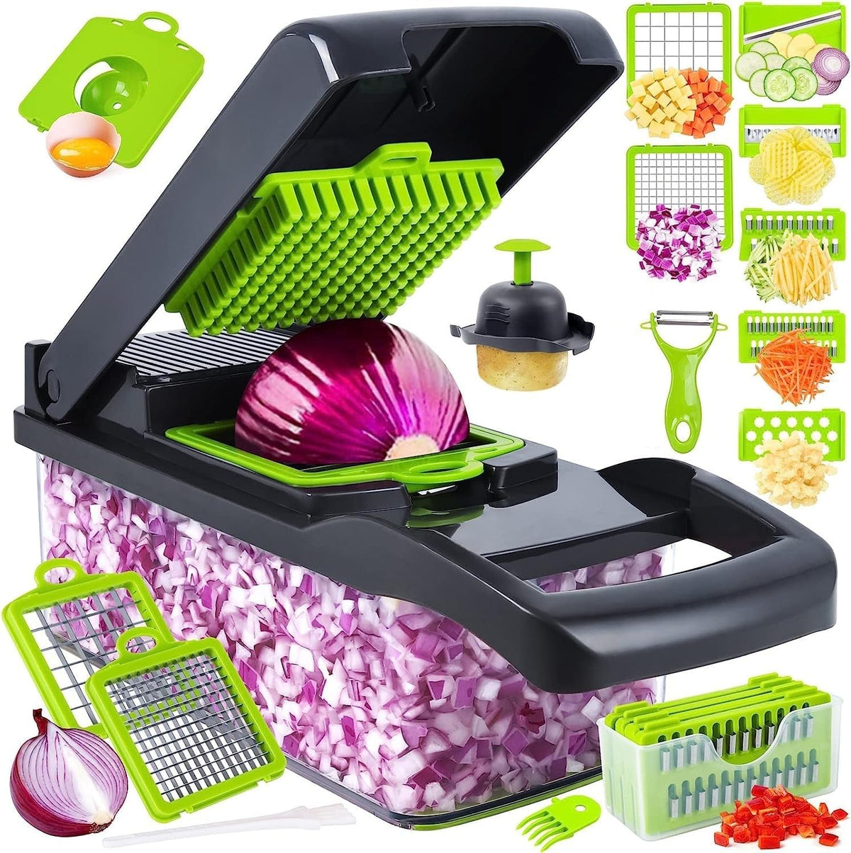 16-in-1 Vegetable Chopper Mandoline Slicer Set - Onion Dicer, Cheese Grater, Veggie Chopper with Container, 7 Stainless Steel Blades + Free Egg Yolk Separator - Kitchen Essential