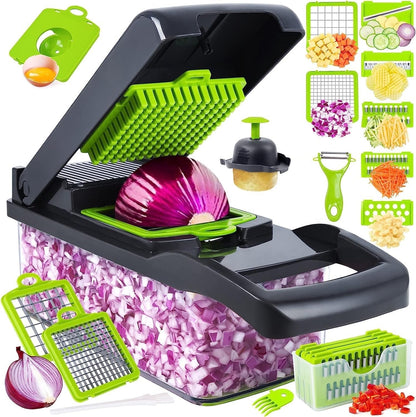 16-in-1 Vegetable Chopper Mandoline Slicer Set - Onion Dicer, Cheese Grater, Veggie Chopper with Container, 7 Stainless Steel Blades + Free Egg Yolk Separator - Kitchen Essential