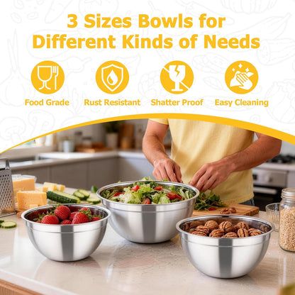 Mixing Bowls with Lids, 4.5/3/1.5 QT Stainless Steel Nesting Salad Bowls with Airtight Lids, For Serving/Mixing/Storing/Prepping, Healthy & Sturdy, Visible & Easy Clean, Khaki, Set of 3