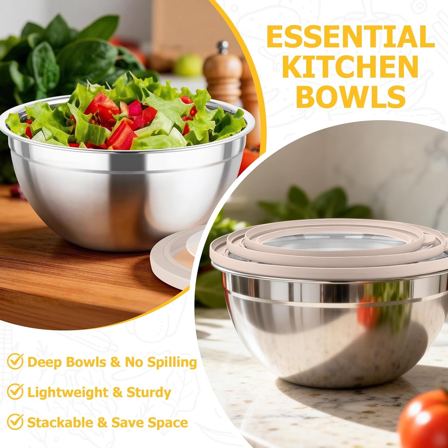Mixing Bowls with Lids, 4.5/3/1.5 QT Stainless Steel Nesting Salad Bowls with Airtight Lids, For Serving/Mixing/Storing/Prepping, Healthy & Sturdy, Visible & Easy Clean, Khaki, Set of 3