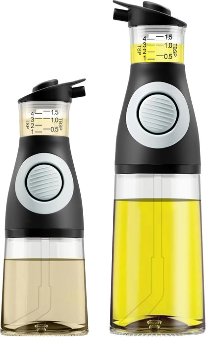 Oil and Vinegar Dispenser Set with Measuring Cup - 2 Glass Olive Oil Dispenser Bottles for Kitchen - Cooking Oil Bottle Set, Drip-Free Cruets for Salad Dressing, BPA-Free, Dishwasher Safe