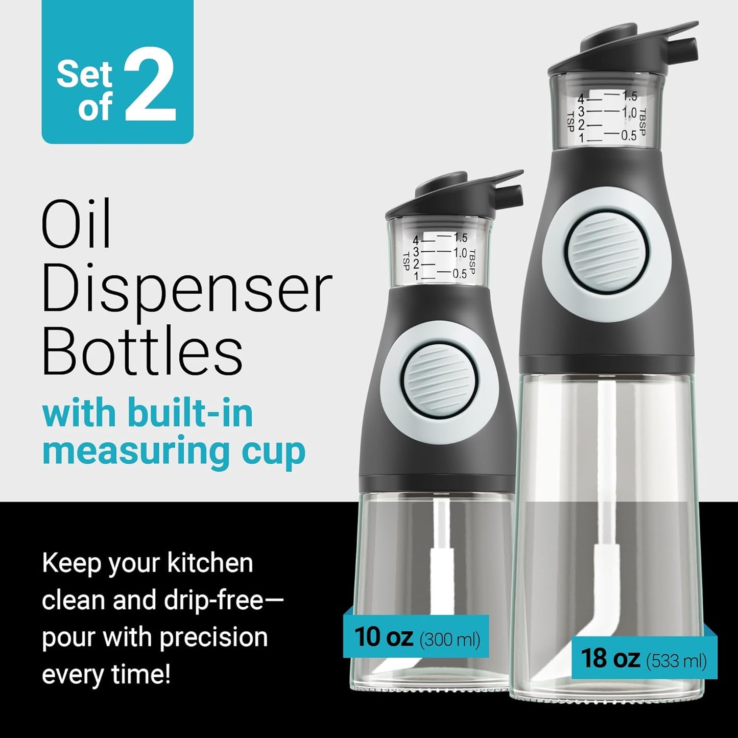 Oil and Vinegar Dispenser Set with Measuring Cup - 2 Glass Olive Oil Dispenser Bottles for Kitchen - Cooking Oil Bottle Set, Drip-Free Cruets for Salad Dressing, BPA-Free, Dishwasher Safe