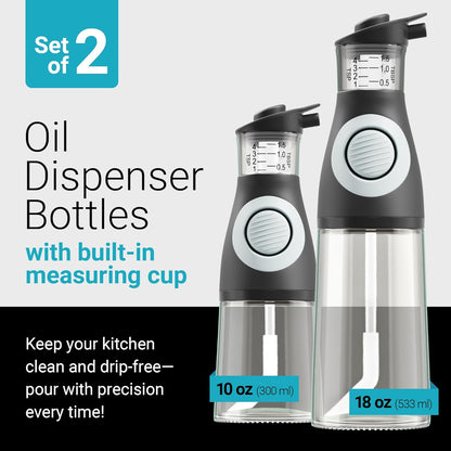 Oil and Vinegar Dispenser Set with Measuring Cup - 2 Glass Olive Oil Dispenser Bottles for Kitchen - Cooking Oil Bottle Set, Drip-Free Cruets for Salad Dressing, BPA-Free, Dishwasher Safe