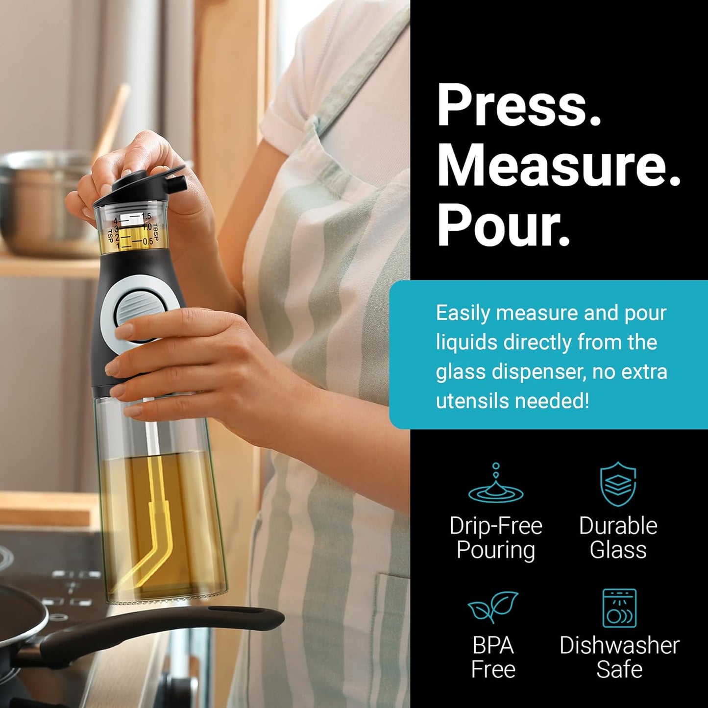 Oil and Vinegar Dispenser Set with Measuring Cup - 2 Glass Olive Oil Dispenser Bottles for Kitchen - Cooking Oil Bottle Set, Drip-Free Cruets for Salad Dressing, BPA-Free, Dishwasher Safe