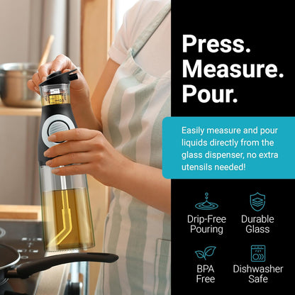 Oil and Vinegar Dispenser Set with Measuring Cup - 2 Glass Olive Oil Dispenser Bottles for Kitchen - Cooking Oil Bottle Set, Drip-Free Cruets for Salad Dressing, BPA-Free, Dishwasher Safe