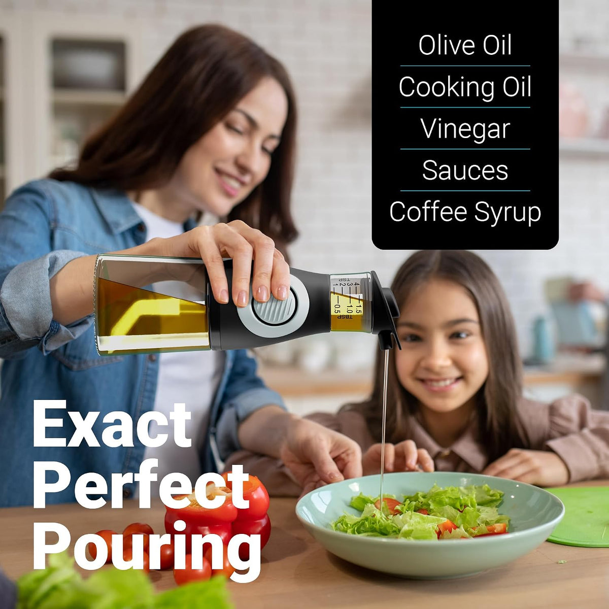 Oil and Vinegar Dispenser Set with Measuring Cup - 2 Glass Olive Oil Dispenser Bottles for Kitchen - Cooking Oil Bottle Set, Drip-Free Cruets for Salad Dressing, BPA-Free, Dishwasher Safe