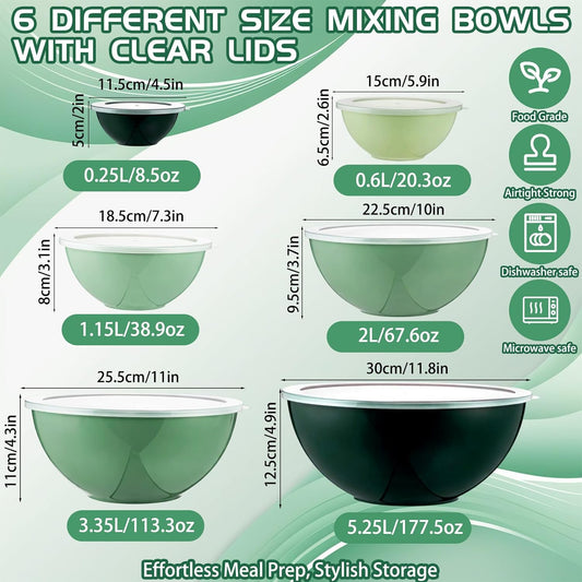 6 Pcs Plastic Mixing Bowl Set with Lids Colorful Serving Bowl Nesting Storage Bowls for Kitchen, Baking, Prepping, Cooking and Serving Food, Dishwasher & Microwave Safe(Green)