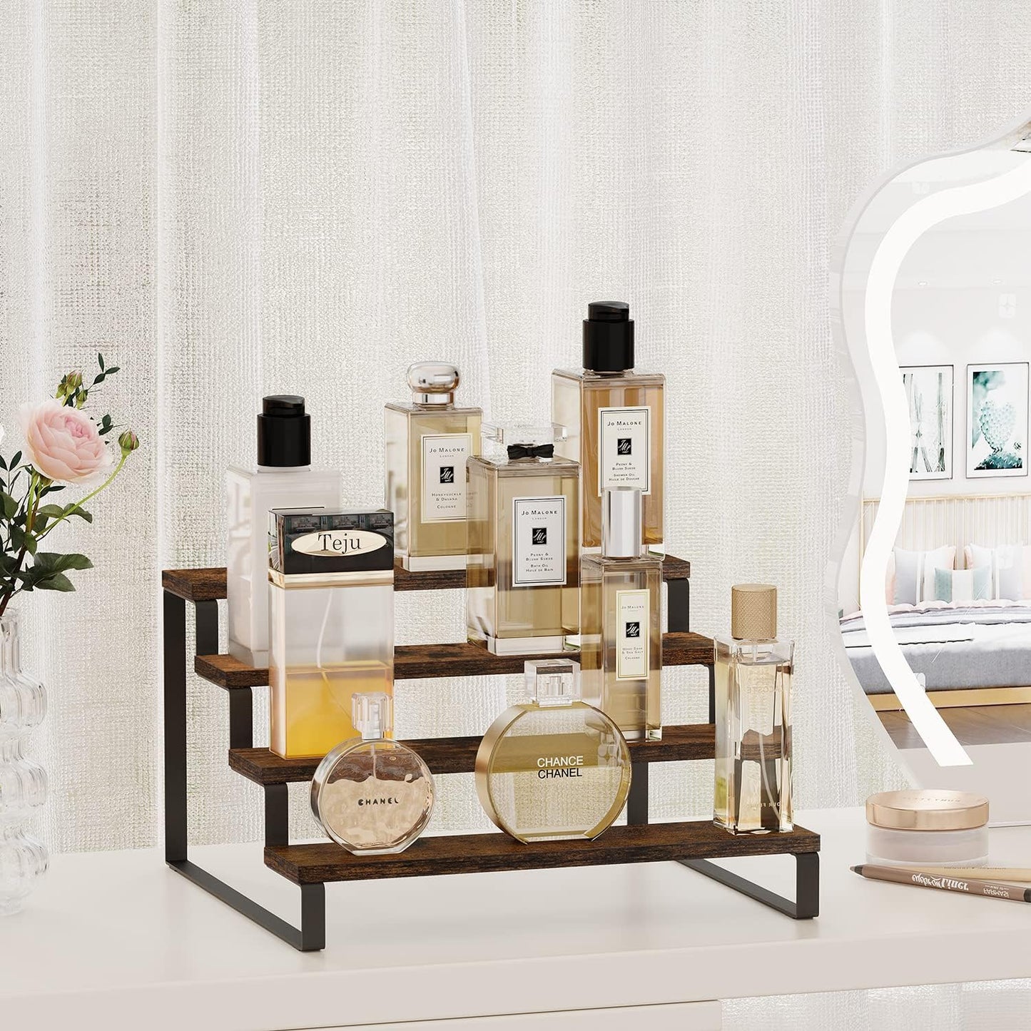Wooden Display Riser Stand, Tiered Perfume and Cologne Organizer Stand, 4 Tier Spice Rack Organizer, Rustic Display Shelf for Candles (4 Tier)