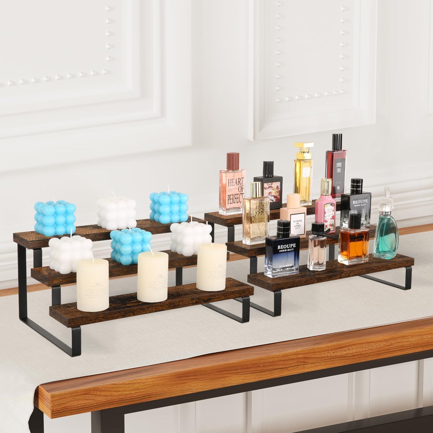Wooden Display Riser Stand, Tiered Perfume and Cologne Organizer Stand, 4 Tier Spice Rack Organizer, Rustic Display Shelf for Candles (4 Tier)